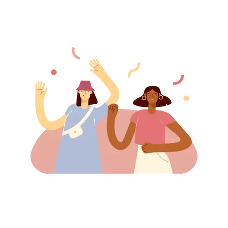 Two Young And Beautiful Girlfriends Are Having Fun Enjoying Themselves Dancing And Celebrating Vector Illustration In Flat Design Style On White Isolated Background Illustration