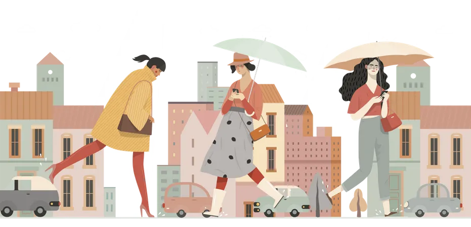 Woman's going out rainy weather  Illustration