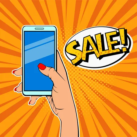 Woman's hand holding smartphone and description Sale Illustration
