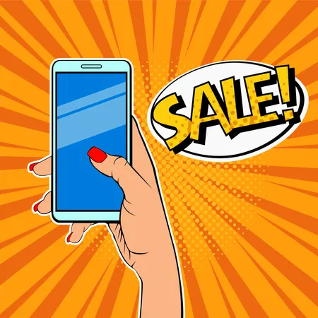 Woman's hand holding smartphone and description Sale  Illustration