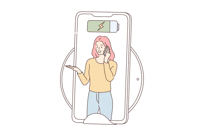 Communication Charging Technology Concept Young Woman Or Girl Cartoon Character Speaking By Mobile Phone Near Cordless Pad For Charged Induction Wireless Electrical Wifi Accessory For Smartphone イラスト