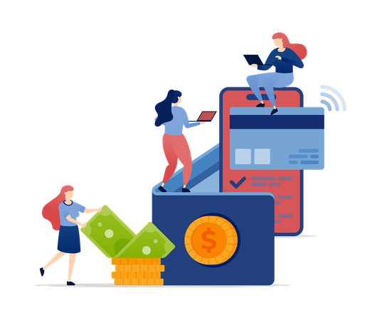 Women accessing financial services with credit cards  Illustration