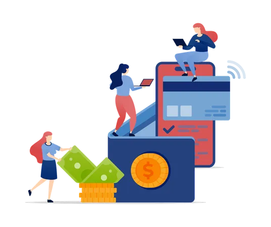 Women accessing financial services with credit cards  Illustration