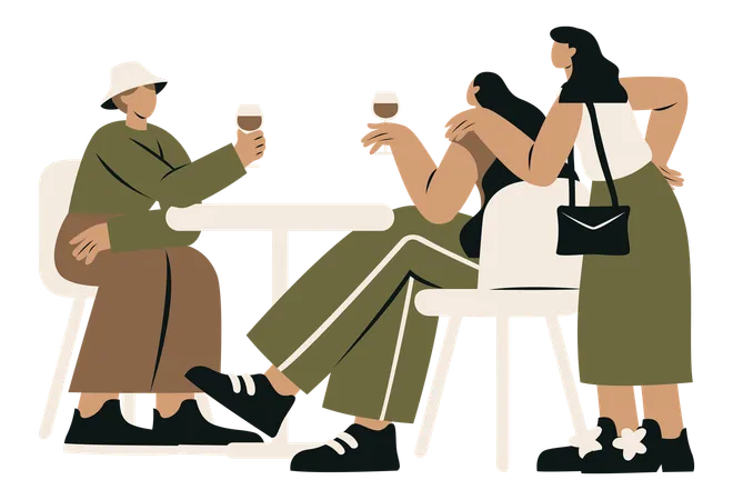 Women and Friend Talk while Sitting at Table  Illustration
