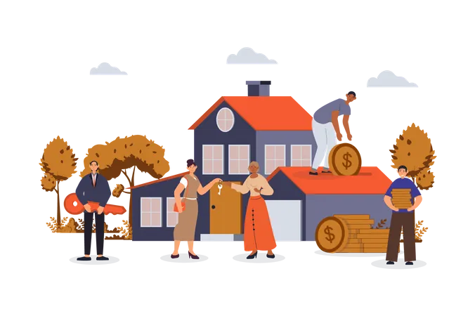 Women and men buying new houses  Illustration