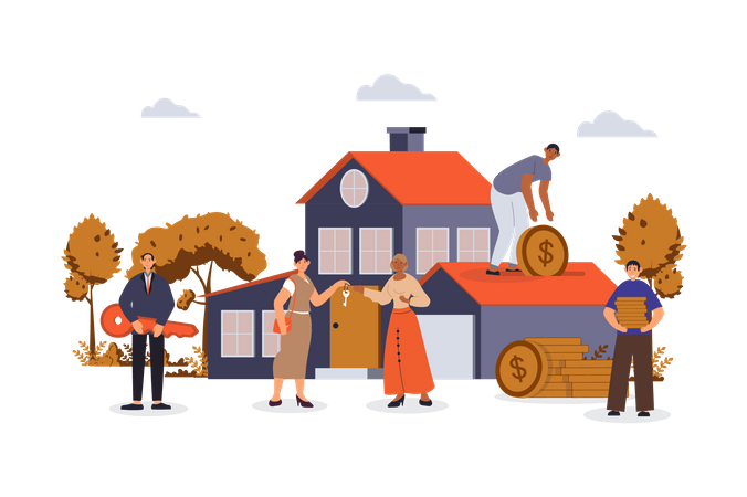 Women and men buying new houses  Illustration