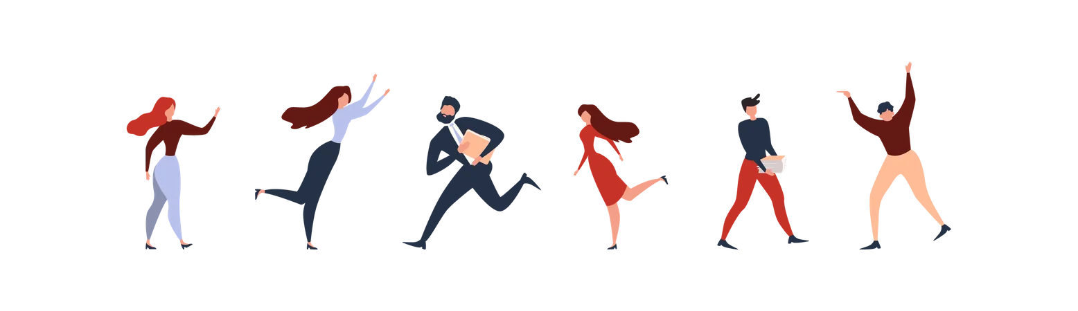 Women and Men Characters Standing, Running, Hurrying, Dancing Illustration