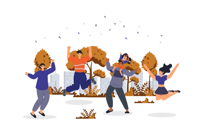 Happy People Concept With Character Scene For Web Women And Men Jumping Celebrating Victory And Expressing Happiness People Situation In Flat Design Vector Illustration For Marketing Material Illustration