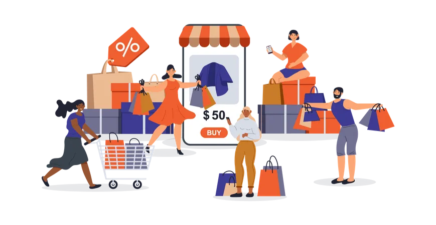 Shopping Concept With Character Scene For Web Women And Men Making Purchases Ordering With Bargain Prices In Mobile App People Situation In Flat Design Vector Illustration For Marketing Material Illustration