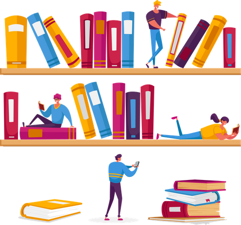 Women and Men Reading in Library Sitting on Shelves with Books Illustration
