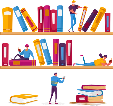 Women and Men Reading in Library Sitting on Shelves with Books Illustration