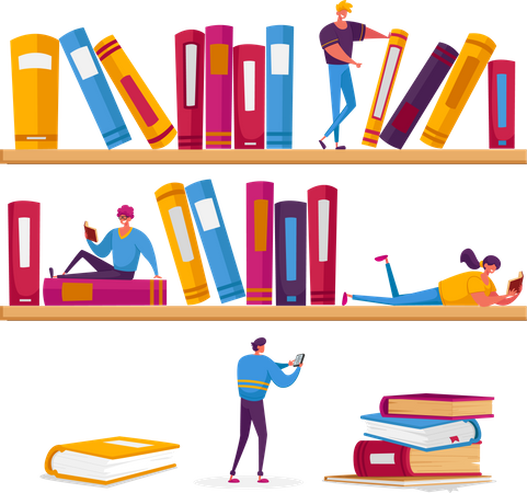 Women and Men Reading in Library Sitting on Shelves with Books  Illustration