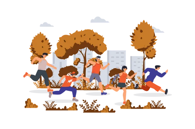 People Running Concept With Character Scene For Web Women And Men Running In City Park Competitive In Race Marathon Sport Situation In Flat Design Vector Illustration For Marketing Material Illustration