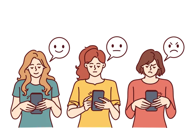 Women With Phones Near Emoji With Different Facial Expressions For Internet Feedback Concept Girls With Smartphones Leave Positive Or Negative Feedback In Mobile Application Or Company Website 일러스트레이션