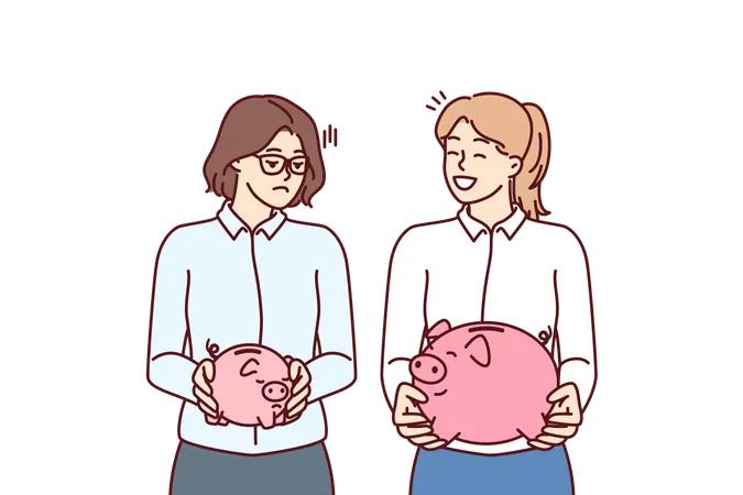 Two Women With Piggy Banks For Money Of Various Sizes For Concept Of Income Inequality And Different Levels Of Wages Comparison Of Savings On Bank Deposit Or Investments Invested In Pension Account Illustration