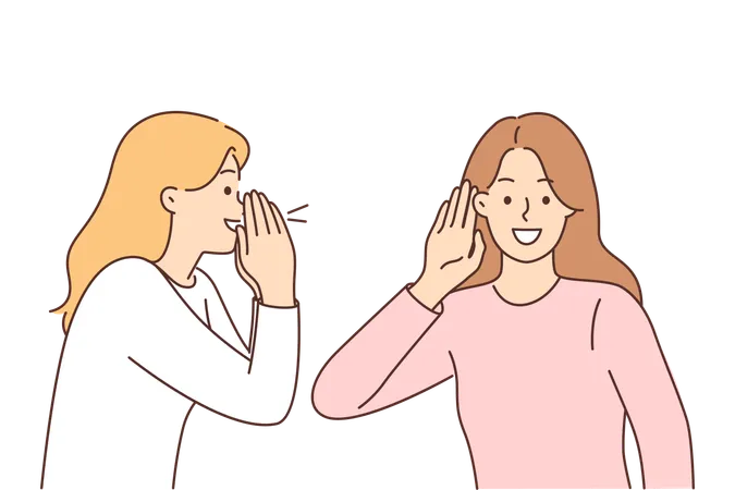 Woman Screams To Tell Interesting News To Female Friend Puts Hand To Ear During Conversation Dialogue Of Beautiful Girls Exchanging Gossip And Secrets Or Telling Life Stories While Conversation Illustration