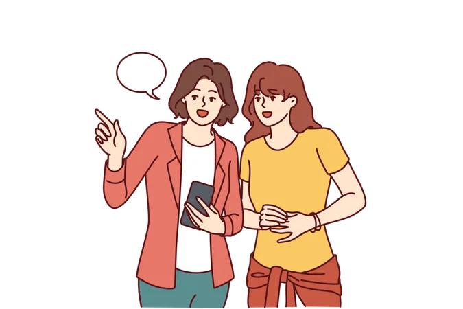 Women With Phone Walk Around City And Use Navigation Application To Find Right Place In City Traveler Girl Asks Question To Passer By With Smartphone To Find Way In Hotel Or Railway Station Illustration