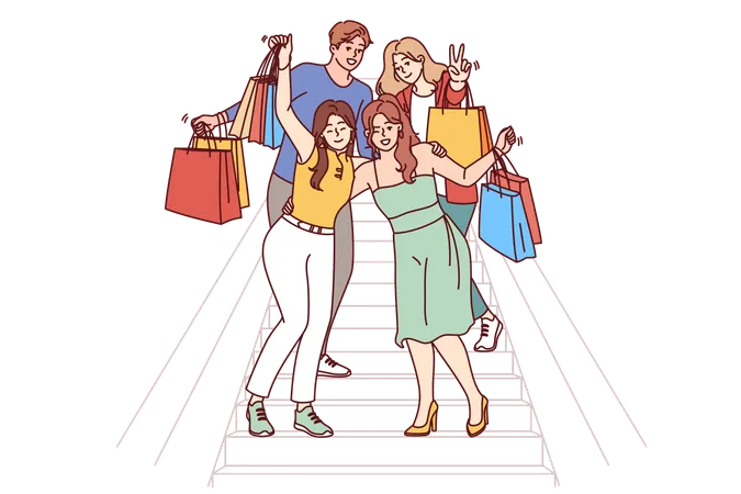 Group Of Shopaholics Mall Buyers With Multi Colored Paper Bags Are Standing On Stairs Rejoicing At Big Discounts Men And Women Shopaholics Go To Boutiques Together And Buy Fashionable Clothes Illustration