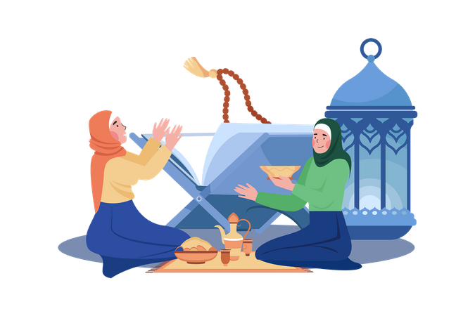 Women Are Reading Al Quran Ramadan Day Illustration