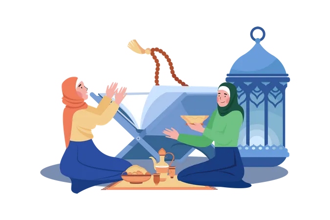 Women Are Reading Al Quran Ramadan Day Illustration
