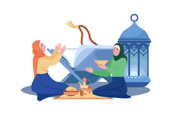 Women Are Reading Al Quran Ramadan Day  Illustration