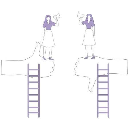 Women arguing on big hands showing like and dislike  Illustration