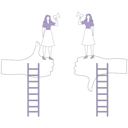Women arguing on big hands showing like and dislike  Illustration