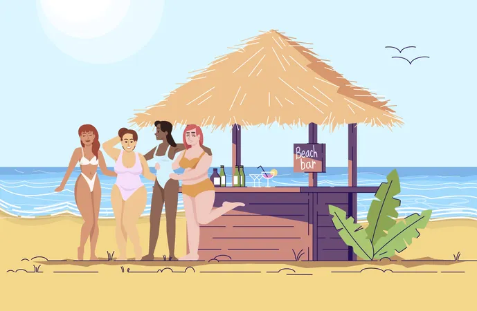 Women At Beach Bar Flat Doodle Illustration Female Friends By Sea Cocktail Party At Seaside Vacation In Exotic Country Indonesia Tourism 2 D Cartoon Character With Outline For Commercial Use Illustration