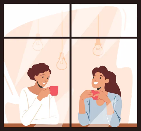 Women at coffee shop having conversation Illustration