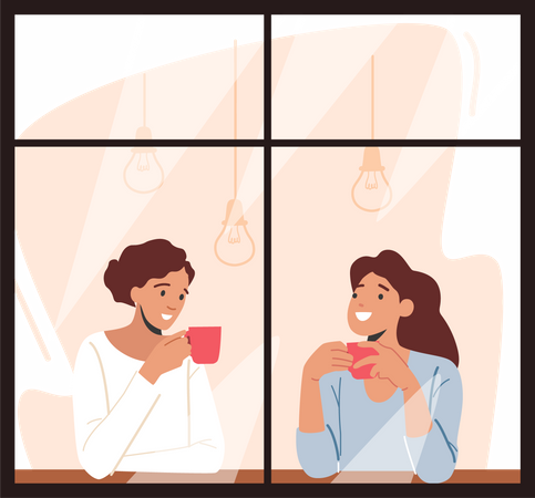 Women at coffee shop having conversation  Illustration