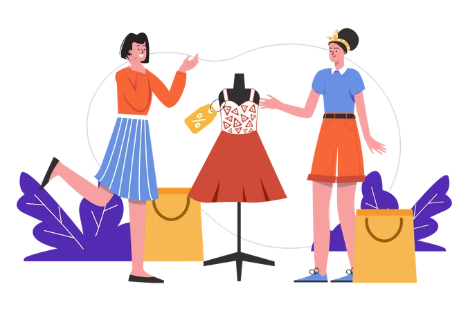 Women Buy Clothes In Store Together Buyers Stand Near Fashionable Outfit Mannequin People Scene Isolated Shopping Consumerism Purchase At Shop Concept Vector Illustration In Flat Minimal Design Illustration