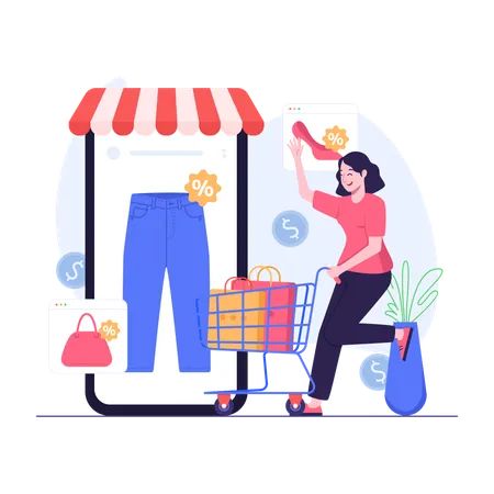 Illustration Of Women Buy Many Products When Online Stores Have Discounts Illustration
