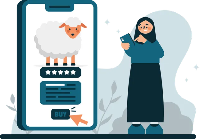 The Illustration Of Women Buying Goats Online Evokes Feelings Of Joy Togetherness And Cultural Richness And Is An Attractive Visual Representation To Promote Eid Al Adha Celebrations Events And Products Illustration