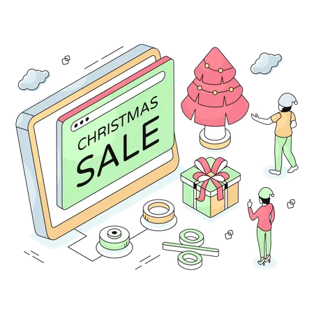 クリスマスセールで服を買う女性たち  イラスト