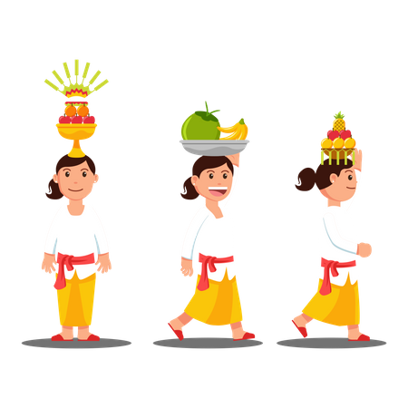 Women Carry Fruit For Ritual Parade On Her Head Illustration
