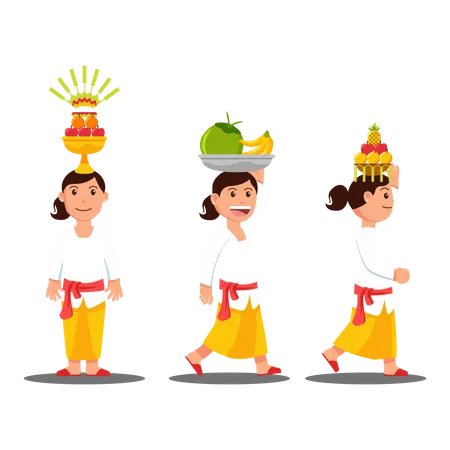 Women Carry Fruit For Ritual Parade On Her Head Illustration