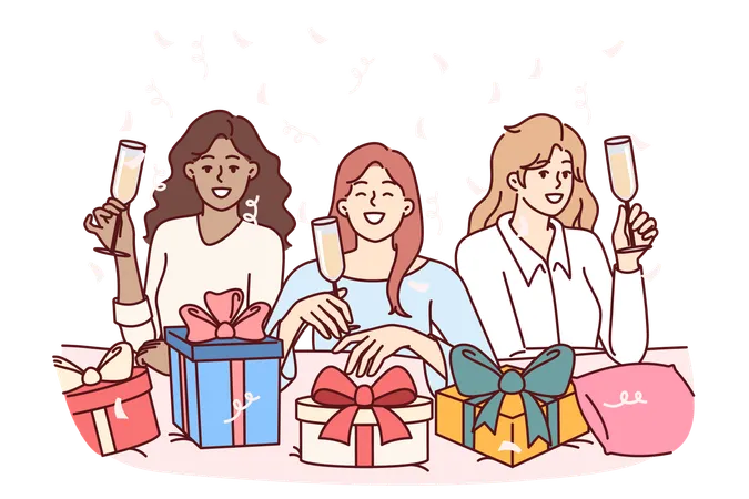 Women Celebrate Bachelorette Party And Wish Girlfriend Happy Birthday Drinking Champagne And Presenting Boxes With Gifts Diverse Girlfriends Posing With Smile During Fun Bachelorette Party Illustration