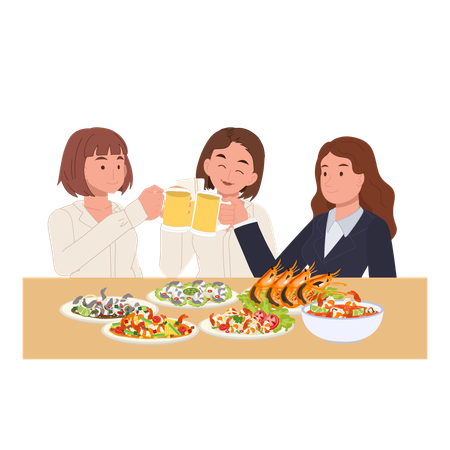Women celebrate together over beer and a variety of asian seafood dishes including shrimp platters and fresh salads  Illustration