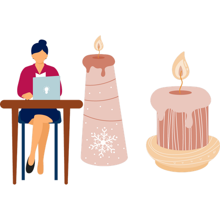 Women checking small candle on laptop  Illustration