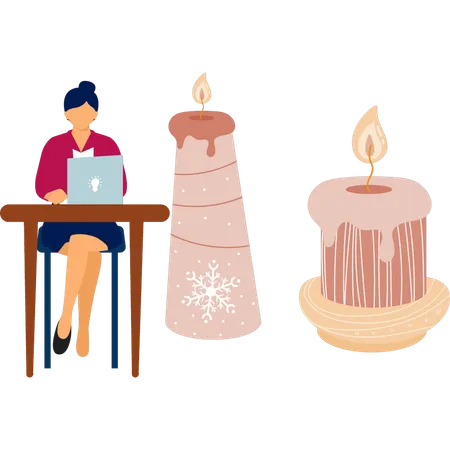 Women checking small candle on laptop  Illustration