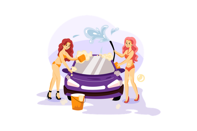 Women Cleaning Car  Illustration