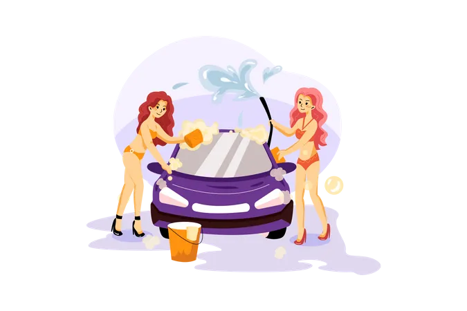 Women Cleaning Car  Illustration