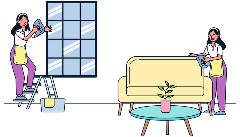 Women cleaning window and couch Illustration