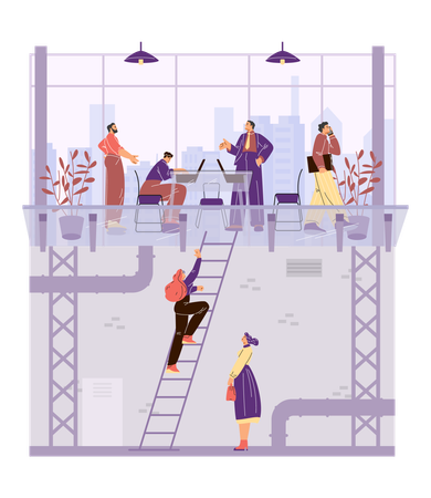 Women climbing ladder to glass ceiling  Illustration