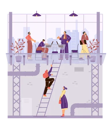 Women climbing ladder to glass ceiling  Illustration