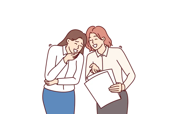 Women Colleagues Laugh At Joke Or Funny Story And Share Intimate Gossip About Company Employees Business Women Laugh When See Stupid Mistake In Paper Report Made By Inexperienced Employee Illustration