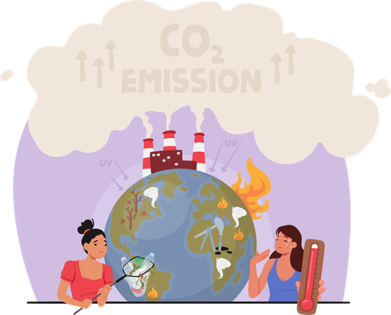 Women Collect Garbage and Showing High Temperature near the Earth  Illustration
