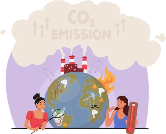 Global Warming And Climate Change Concept Women Collect Garbage And Showing High Temperature Near The Earth With Factory Pipes Emitting Smoke Pollution Co 2 Gas Emission Cartoon Vector Illustration Illustration