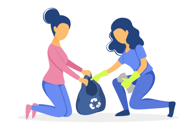 Women collecting waste into bag Illustration