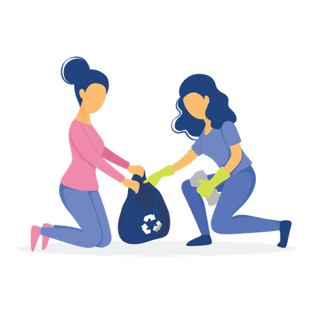 Women collecting waste into bag  Illustration